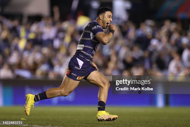 Valentine Holmes of the Cowboys celebrates kicking the winning field goal in golden-point time during the NRL Qualifying Final match between the...