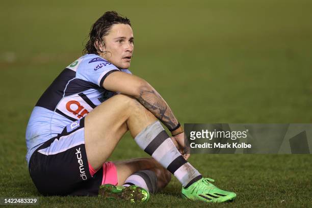 Nicholas Hynes of the Sharks reacts after losing the NRL Qualifying Final match between the Cronulla Sharks and the North Queensland Cowboys at...