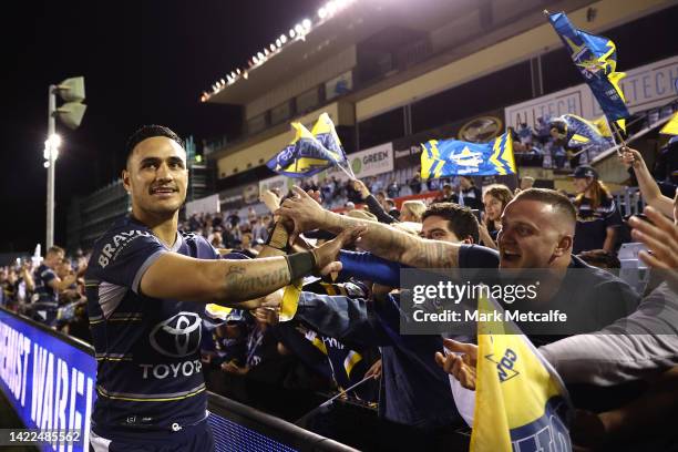 Valentine Holmes of the Cowboys thanks fans after winning the NRL Qualifying Final match between the Cronulla Sharks and the North Queensland Cowboys...