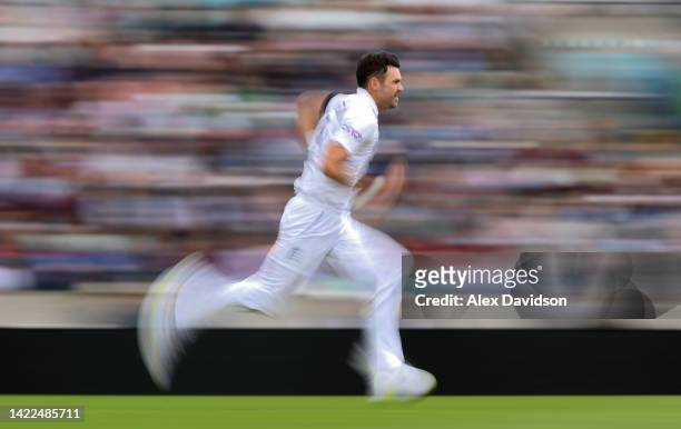 James Anderson of England runs into bowl during Day Three of the Third LV= Insurance Test Match between England and South Africa at The Kia Oval on...