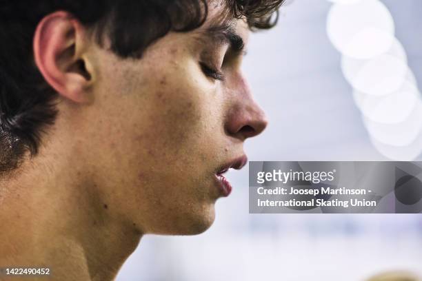 Nikolaj Memola of Italy reacts in the Junior Men's Free Skating during the ISU Junior Grand Prix of Figure Skating at Volvo Sporta Centrs on...