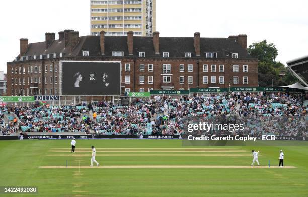 An LED board inside the stadium displays a tribute to Her Majesty Queen Elizabeth II during Day Three of the Third LV= Insurance Test Match between...