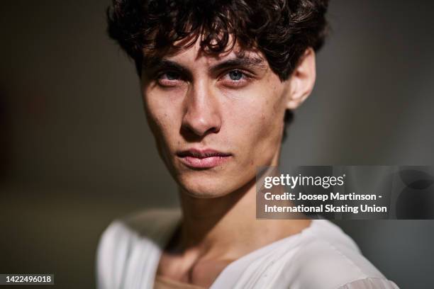 Nikolaj Memola of Italy poses for a photograph during the ISU Junior Grand Prix of Figure Skating at Volvo Sporta Centrs on September 10, 2022 in...