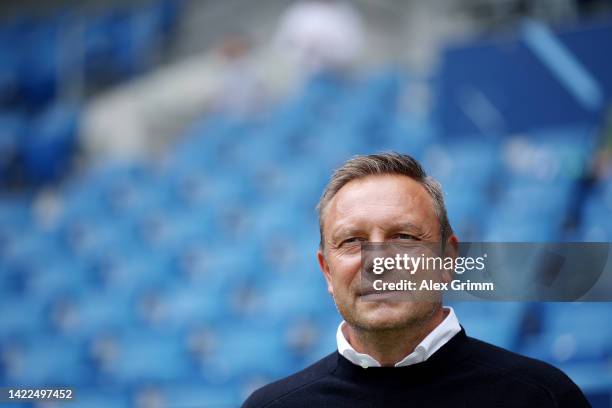 Andre Breitenreiter, Head Coach of TSG Hoffenheim looks on prior tothe Bundesliga match between TSG Hoffenheim and 1. FSV Mainz 05 at PreZero-Arena...