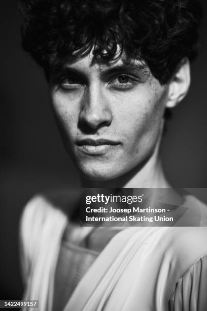 Nikolaj Memola of Italy poses for a photograph during the ISU Junior Grand Prix of Figure Skating at Volvo Sporta Centrs on September 10, 2022 in...