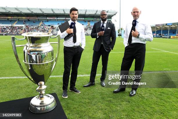 Sport presenters Craig Doyle, Ugo Monye and Lawrence Dallaglio look on prior to the Gallagher Premiership Rugby match between Exeter Chiefs and...