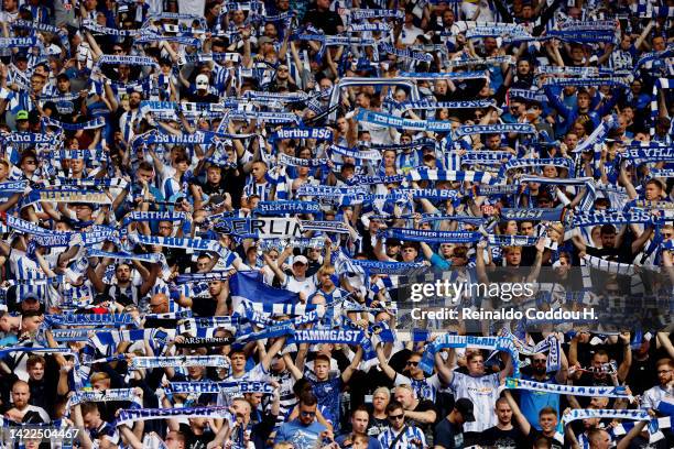 Fans of Hertha BSC show their support during the Bundesliga match between Hertha BSC and Bayer 04 Leverkusen at Olympiastadion on September 10, 2022...