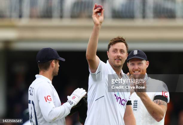 Ollie Robinson of England celebrates the wicket of Marco Jansen of South Africa during Day Three of the Third LV= Insurance Test Match between...