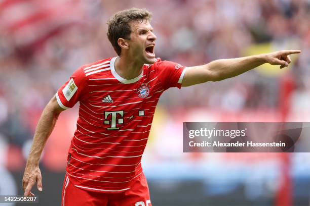 Thomas Muller of Bayern Munich reacts during the Bundesliga match between FC Bayern Muenchen and VfB Stuttgart at Allianz Arena on September 10, 2022...