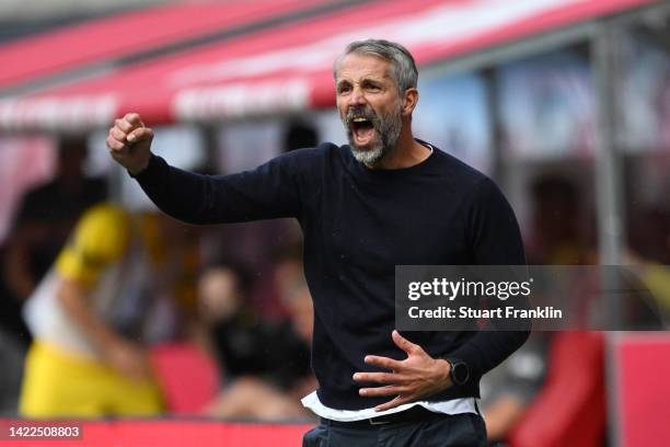 Marco Rose, Head Coach of RB Leipzig reacts during the Bundesliga match between RB Leipzig and Borussia Dortmund at Red Bull Arena on September 10,...