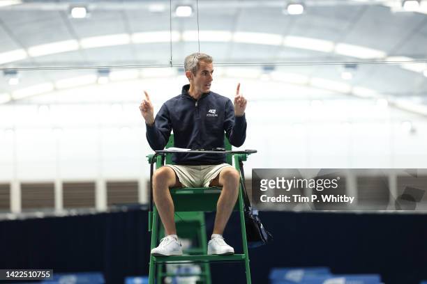 An umpire uses B.S.L. To announce the score during the National Deaf Tennis Championships 2022 at National Tennis Centre on September 10, 2022 in...