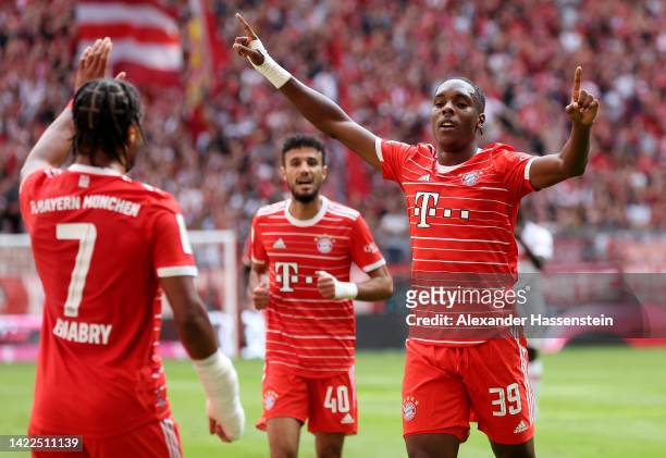 Mathys Tel of Bayern Munich celebrates with teammate after scoring their team's first goal during the Bundesliga match between FC Bayern Muenchen and...