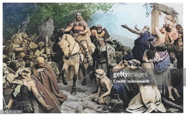 old engraved illustration of hermann arminius return from the battle of teutoburg forest against the roman legions commanded by quintilius varus - vikings stock-fotos und bilder