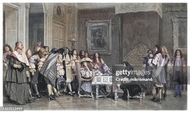 old engraved illustration of molière at breakfast with louis xiv - könig königliche persönlichkeit stock-fotos und bilder