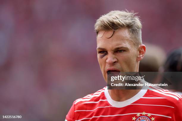 Joshua Kimmich of Bayern Munich reacts during the Bundesliga match between FC Bayern Muenchen and VfB Stuttgart at Allianz Arena on September 10,...