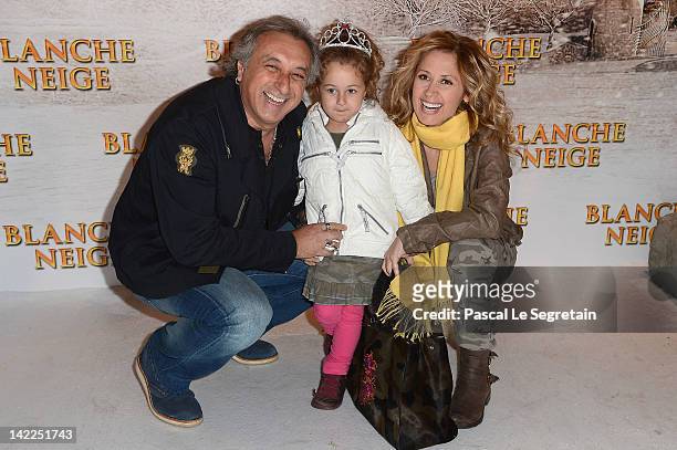 Lara Fabian and Gérard Pullicino pose with their daughter as they attend the 'Blanche Neige' Paris Premiere at Gaumont Capucines on April 1, 2012 in...