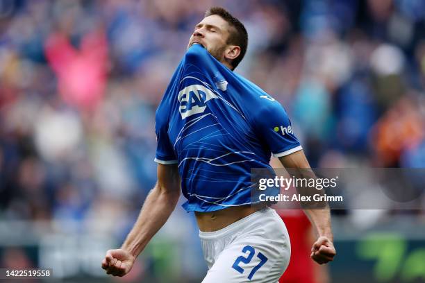 Andrej Kramaric of TSG Hoffenheim celebrates after scoring their team's first goal during the Bundesliga match between TSG Hoffenheim and 1. FSV...