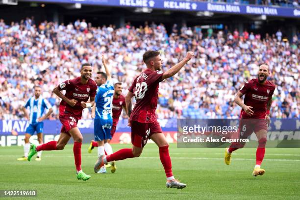 Jose Angel Carmona of Sevilla FC celebrates after scoring his team's second goal during the LaLiga Santander match between RCD Espanyol and Sevilla...