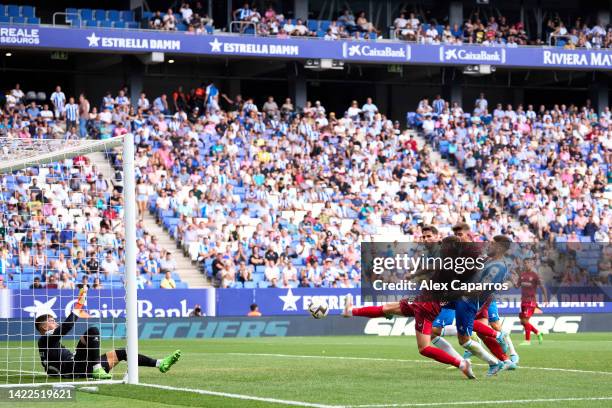 Jose Angel Carmona of Sevilla FC scores his team's second goal during the LaLiga Santander match between RCD Espanyol and Sevilla FC at Power8...