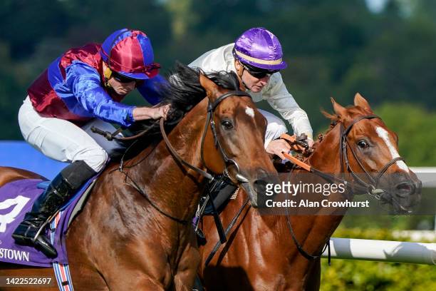 Ryan Moore riding Luxembourg win The Irish Champion Stakes from Stephane Pasquier riding Onesto at Leopardstown Racecourse on September 10, 2022 in...