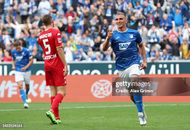 Grischa Promel of TSG Hoffenheim celebrates after scoring their team's second goal during the Bundesliga match between TSG Hoffenheim and 1. FSV...