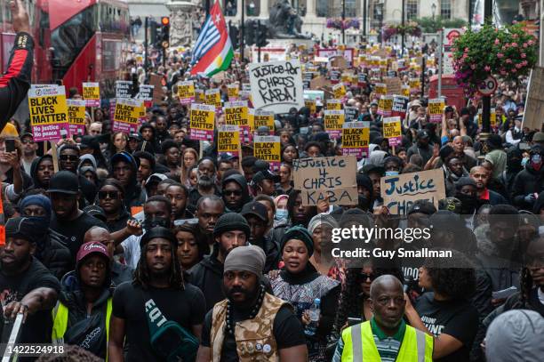 Demonstrators march down Whitehall to Scotland Yard to protest the killing of Chris Kaba on September 10, 2022 in London, England. Chris Kaba was...