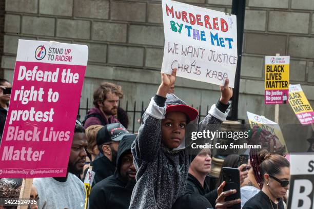 Demonstrators march down Whitehall to Scotland Yard to protest the killing of Chris Kaba on September 10, 2022 in London, England. Chris Kaba was...