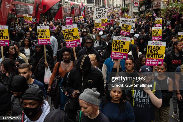 Demonstrators march down Whitehall to Scotland Yard to protest the killing of Chris Kaba on September 10, 2022 in London, England. Chris Kaba was...
