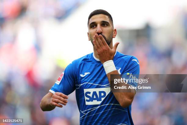 Mu'nas Dabbur of TSG Hoffenheim celebrates after scoring their team's third goal during the Bundesliga match between TSG Hoffenheim and 1. FSV Mainz...