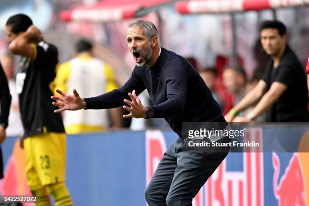 Marco Rose, Head Coach of RB Leipzig reacts during the Bundesliga match between RB Leipzig and Borussia Dortmund at Red Bull Arena on September 10,...