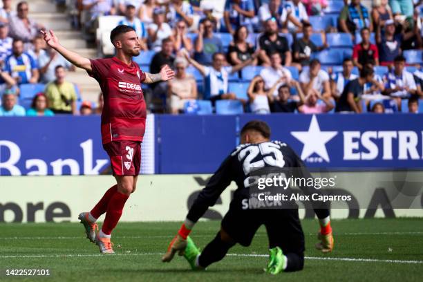 Jose Angel Carmona of Sevilla FC celebrates after scoring his team's third goal during the LaLiga Santander match between RCD Espanyol and Sevilla FC...