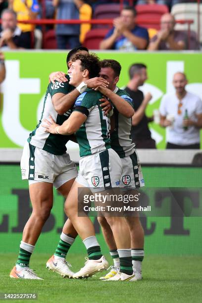 Henry Arundell of London Irish celebrates with teammates after scoring their teams fourth try during the Gallagher Premiership Rugby match between...
