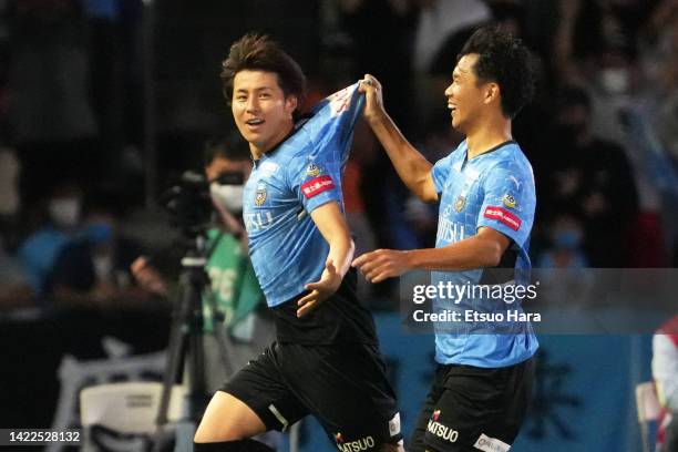 Yasuto Wakizaka of Kawasaki Frontale celebrates scoring his side's second goal during the J.LEAGUE Meiji Yasuda J1 29th Sec. Match between Kawasaki...