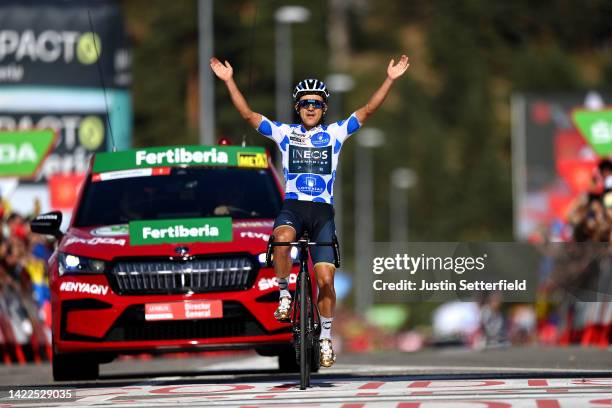 Richard Carapaz of Ecuador and Team INEOS Grenadiers - Polka Dot Mountain Jersey celebrates at finish line as stage winner during the 77th Tour of...