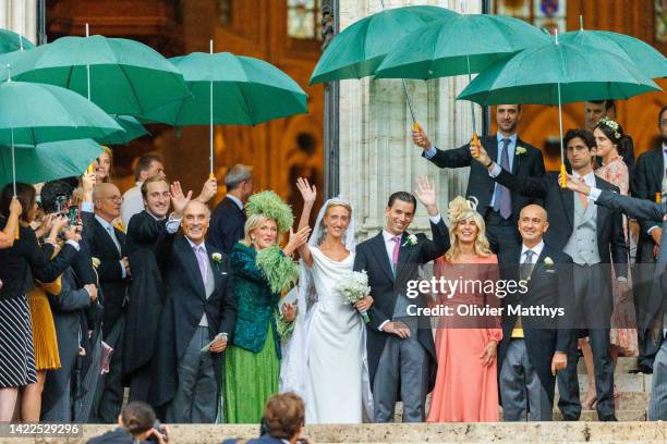 Princess Maria-Laura of Belgium and William Isvy together with their parents prince Lorez and Princess Astrid of Belgium, left, and the parents of...