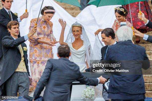 Princess Maria-Laura of Belgium and William Isvy outcome the Cathedral of St. Michael and St. Gudula after the wedding ceremony on September 10, 2022...