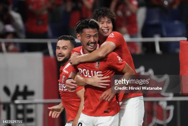 Tetsuya Chinen of Urawa Red Diamonds celebrates scoring his team's third goal during the J.LEAGUE Meiji Yasuda J1 29th Sec. Match between Urawa Red...
