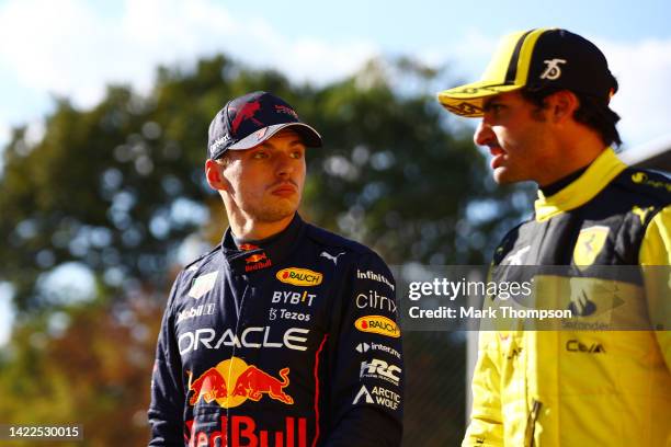 Third placed qualifier Carlos Sainz of Spain and Ferrari and Second placed qualifier Max Verstappen of the Netherlands and Oracle Red Bull Racing...