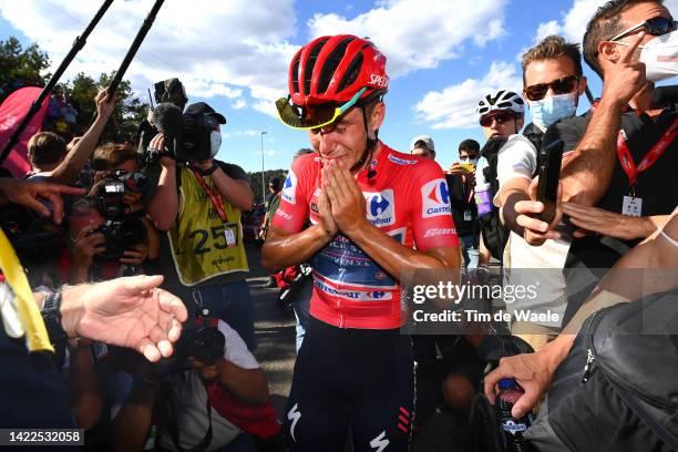 Remco Evenepoel of Belgium and Team Quick-Step - Alpha Vinyl - Red Leader Jersey reacts after the 77th Tour of Spain 2022, Stage 20 a 181km stage...