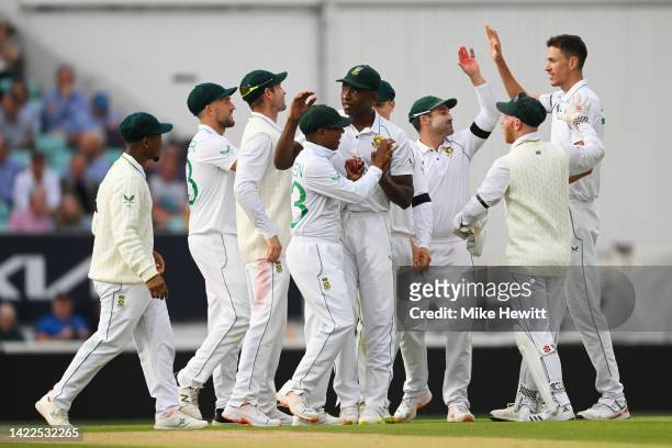 Marco Jansen of South Africa celebrates the wicket of Joe Root of England during Day Three of the Third LV= Insurance Test Match between England and...
