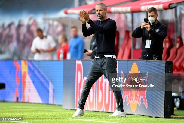 Marco Rose, Manager of RB Leipzig applauds fans after the Bundesliga match between RB Leipzig and Borussia Dortmund at Red Bull Arena on September...