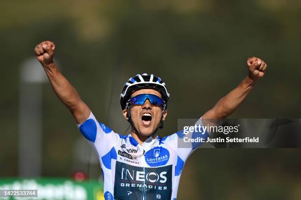 Richard Carapaz of Ecuador and Team INEOS Grenadiers - Polka Dot Mountain Jersey celebrates at finish line as stage winner during the 77th Tour of...