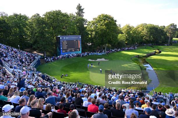 General view as competitors play on the 18th hole during Round Two on Day Three of the BMW PGA Championship at Wentworth Golf Club on September 10,...