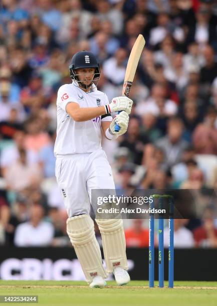 Joe Root of England hits runs during Day Three of the Third LV= Insurance Test Match between England and South Africa at The Kia Oval on September...