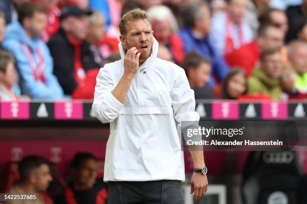 Julian Nagelsmann, head coach of FC Bayern München reacts during the Bundesliga match between FC Bayern München and VfB Stuttgart at Allianz Arena on...