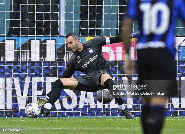 Samir Handanovic of FC Internazionale in action during the Serie A match between FC Internazionale and Torino FC at Stadio Giuseppe Meazza on...