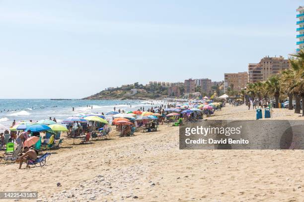 General view of the beach with bathers on September 10, 2022 in Oropesa del Mar, Spain. Oropesa del Mar is a municipality of the Valencian Community...