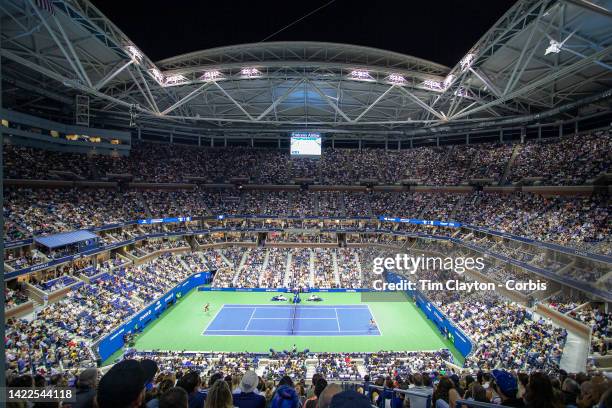 September 09: A general view of Carlos Alcaraz of Spain in action against Frances Tiafoe of the United States in the Men's Singles Semi-Final match...