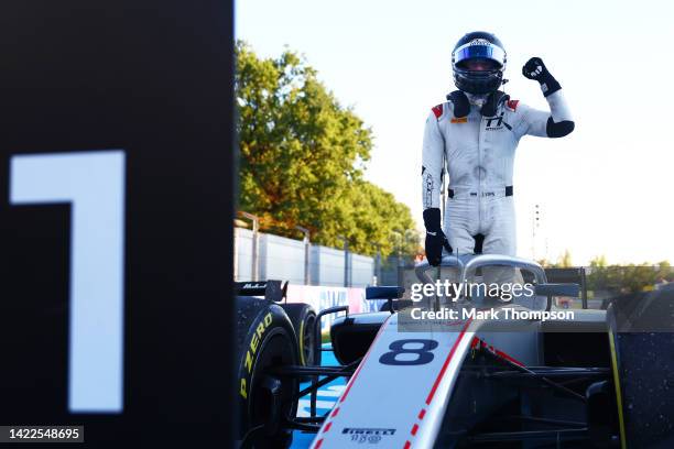 Race winner Juri Vips of Estonia and Hitech Grand Prix celebrates in parc ferme during the Round 13:Monza Sprint race of the Formula 2 Championship...