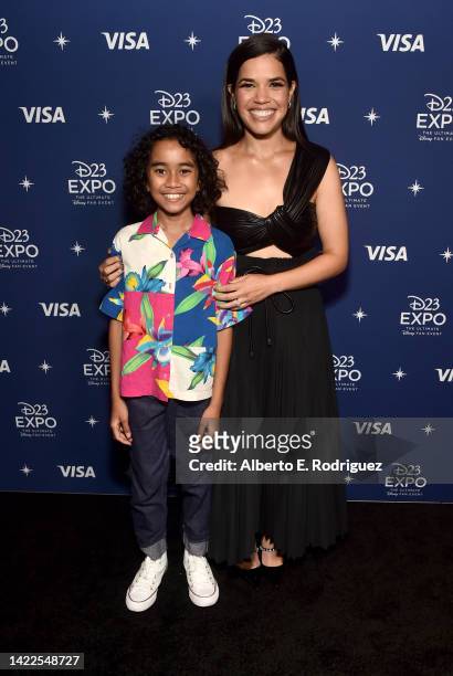 Yonas Kibreab and America Ferrera attend D23 Expo 2022 at Anaheim Convention Center in Anaheim, California on September 09, 2022.